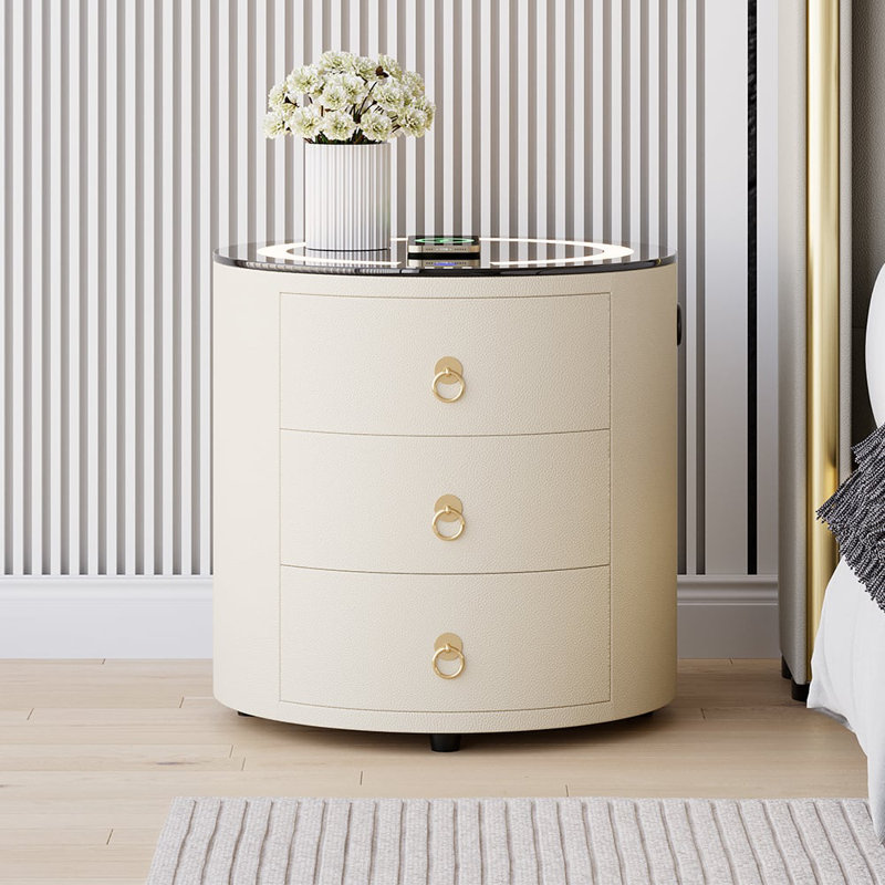 Modern Round Leather 3-Drawer Smart Nightstand with LED Light, Wireless Charging & Bluetooth Speakers