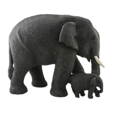 Novica Elephant Mother Teakwood Sculpture