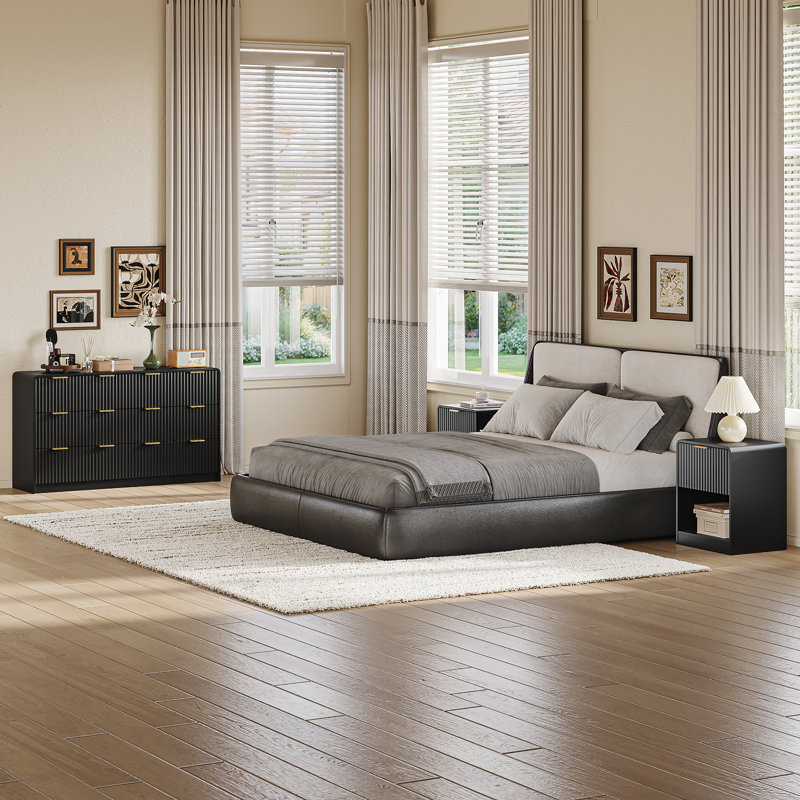 Ensemble de chambre à coucher 3 pièces, commode 6 tiroirs et 2 tables de chevet, noir, Noir