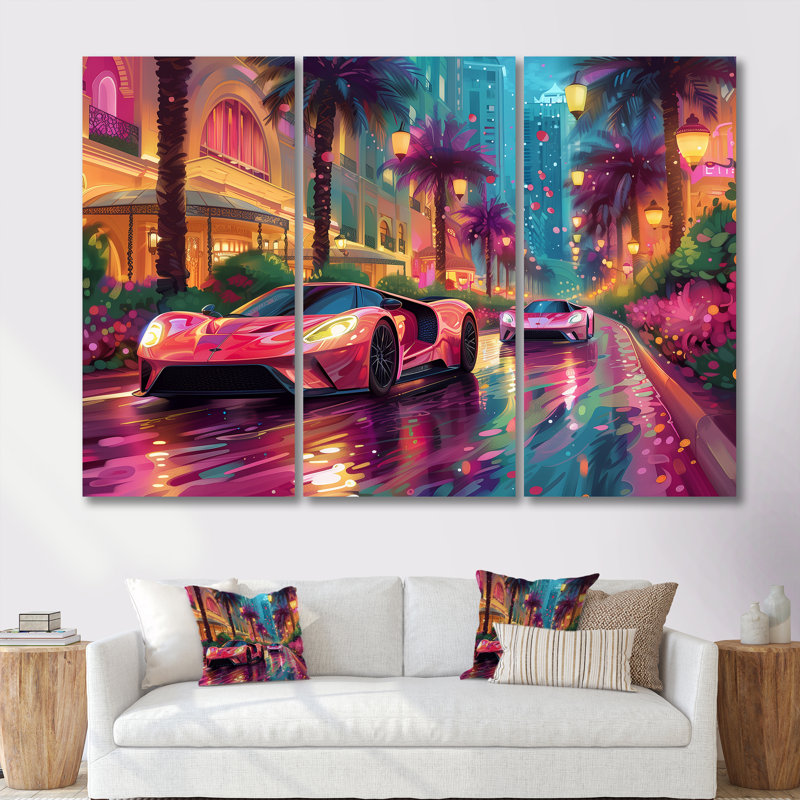Rose bleu bleu Miami Exotic Cars - ensemble de décoration murale voiture exotique, Toile tendue, H 32 po x l 48 po x P 1 po
