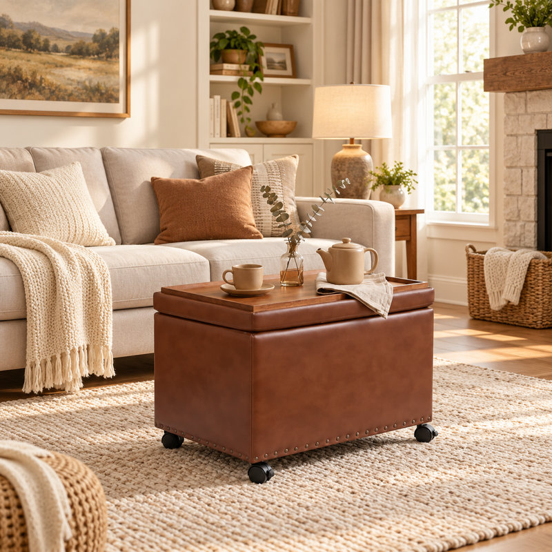 Repose-pieds de rangement en similicuir 22 po avec plateau rabattable et roulette, Yellowish Brown