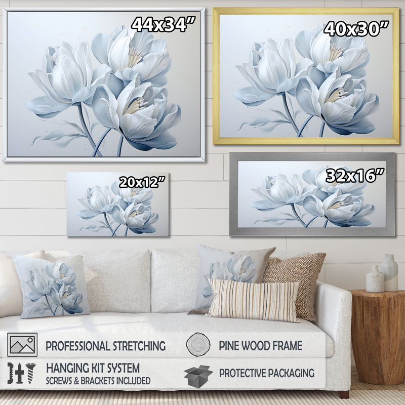 Minimalisme, tulipes bleues et blanches, coups de pinceau II, tulipes, Cadre doré simple, H 12 po x l 20 po x P 1 po