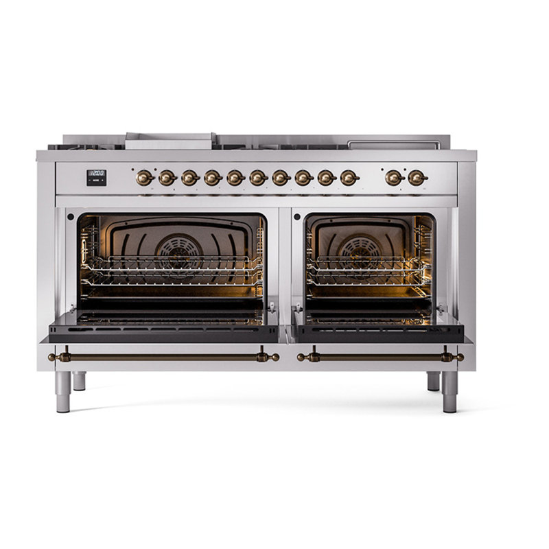 ILVE Nostalgie II Noblesse 60 in Dual Fuel Range 7 Burner, Griddle, Frenchtop, Stainless Steel/Burnished, Liquid Propane