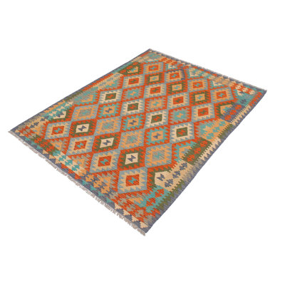 Tapis rouge / bleu en laine tissé à la main de style tribal / géométrique / sud-ouest de couleur cépage Cedor 5 pi x 6 pi 6 po