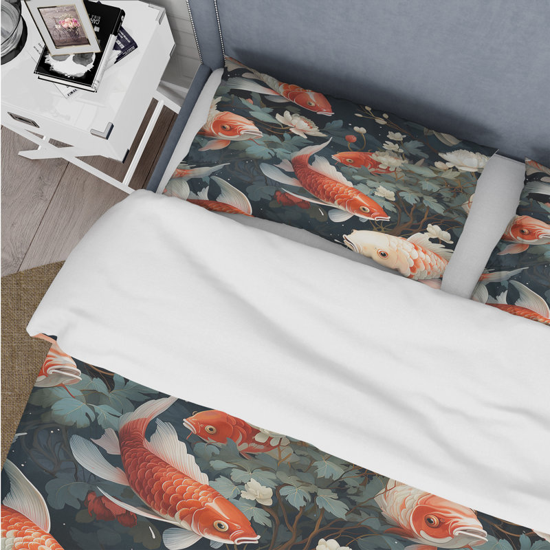 Ensemble de housse de couette Koi Pond Reflections III, Housse de couette simple + 1 taie décorative stan