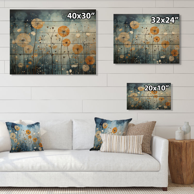 Blue Dandelion Floral Symphony VI sur impression sur bois, H 10 po x l 20 po x P 0,78 po