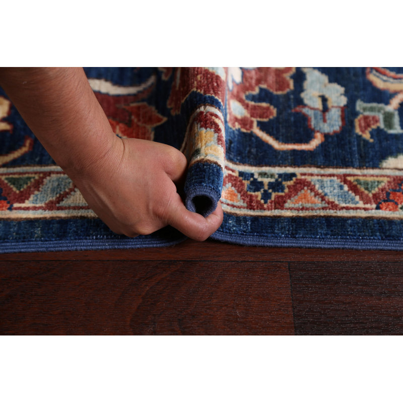 Tapis bleu marine en laine noué à la main de conception unique 9 pi 0 po x 12 pi 2 po