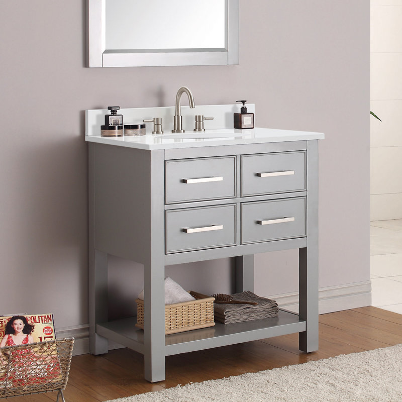 Ensemble de meuble-lavabo simple 31 po Brooks, Forme rectangulaire, Pierre artificielle blanche, Gris givré