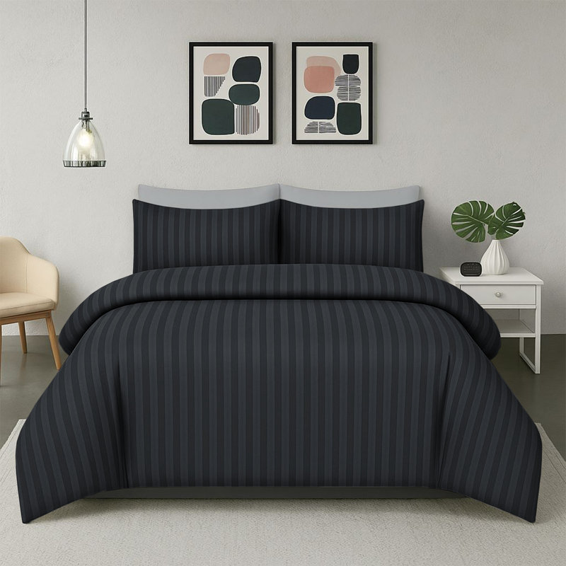 Haffa Microfiber Striped Duvet Cover Set with Pillowcases, Double Duvet Cover + 2 Standard Pillowcases, Charcoal