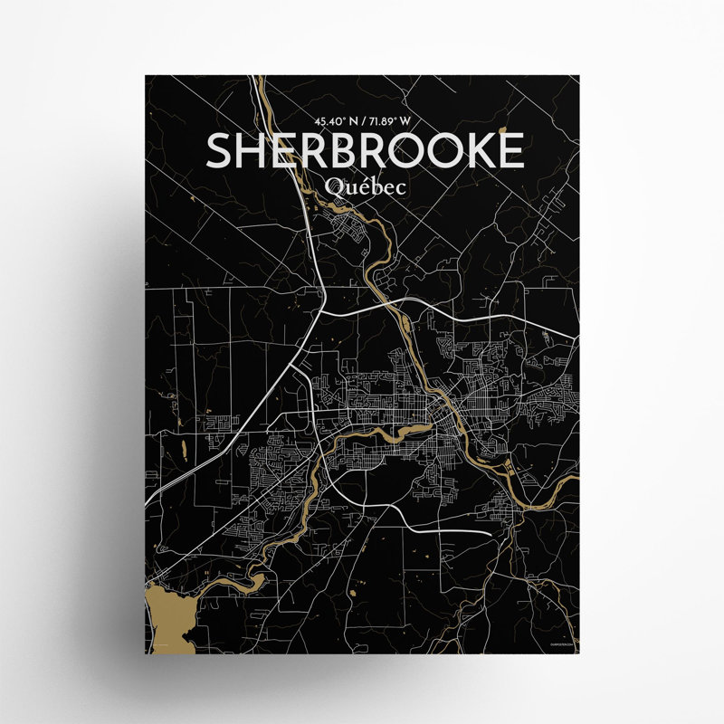 Sherbrooke, carte de la ville, impression, Noir / or, H 24 po x l 18 po