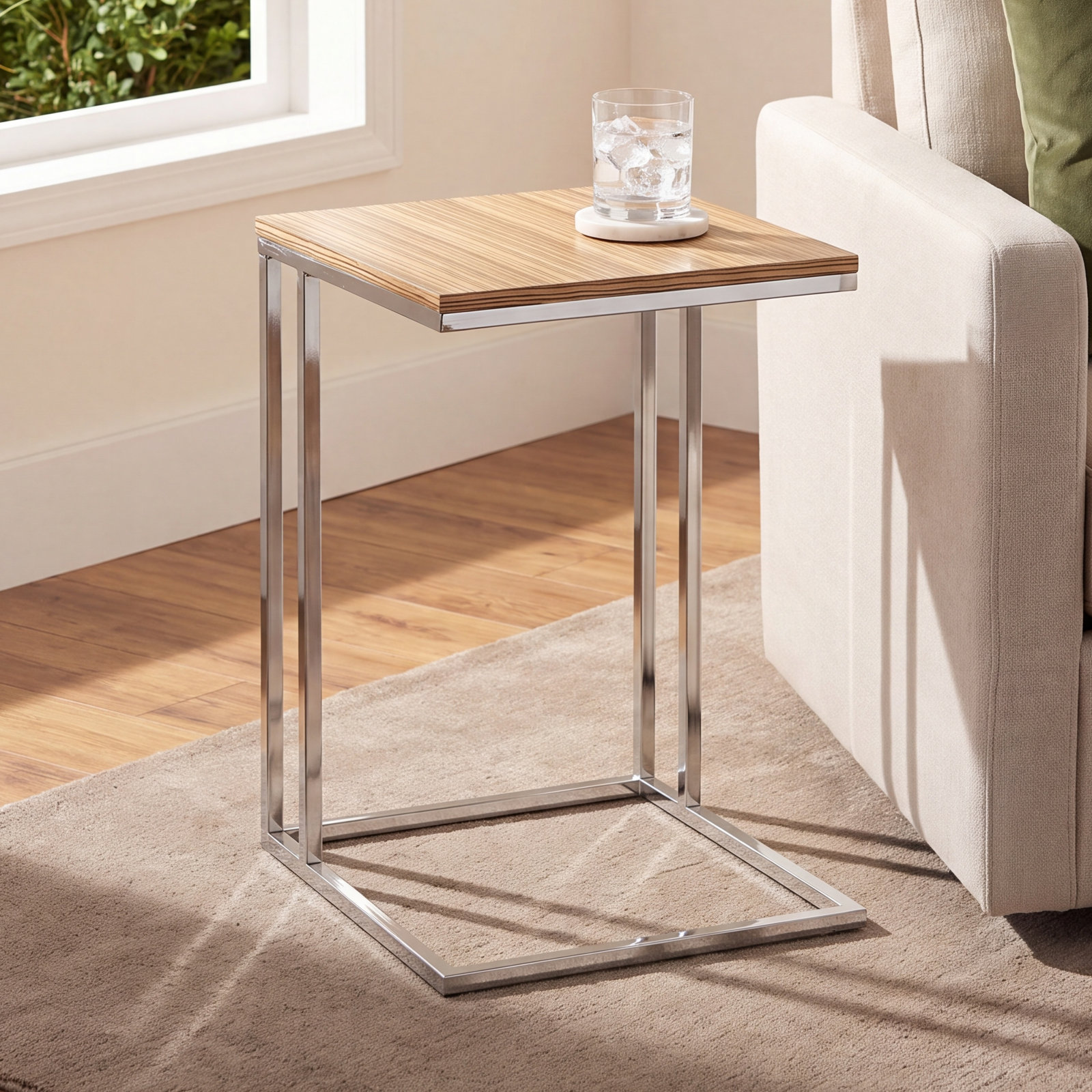 Hampshire End Table, Zebrano Top/Silver Base