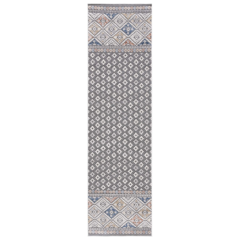 Tapis en polypropylène / polyester tissé à la machine Aros gris / bleu rouille, Tapis de couloir 2 pi 2 po x 8 pi