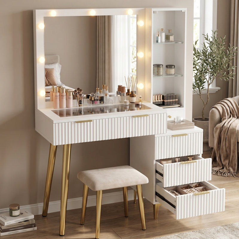 Meuble-lavabo large, bureau de maquillage avec miroir, coiffeuse à 5 tiroirs, coiffeuse à plateau en verre pour chambre à coucher
