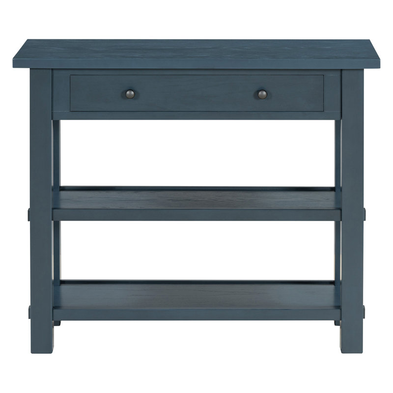 Retro Console Table With Drawer And Two Sturdy Shelves For Entryway, Living Room, Navy