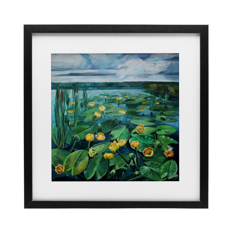 «Pond Lilies with Clouds Overhead», reproduction encadrée sous verre, design par Violeta Vollmer, Cadre noir minuit