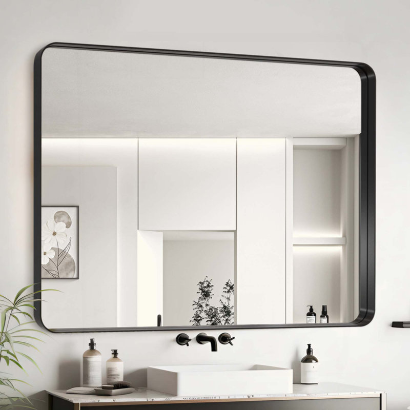Miroir de salle de bain en verre HD avec cadre en aluminium et membrane antidéflagrante, 32 po x 40 po, Noir, Horizontale