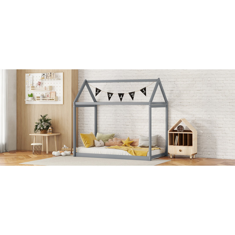 Twin Size Wooden House Bed, Gray, Gray