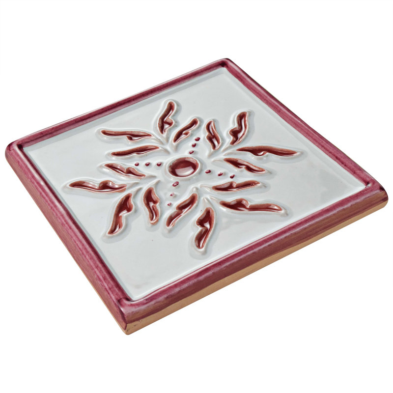 Novecento Taco Evoli 5" x 5" Ceramic Decorative Accent Tile, White/Burgundy