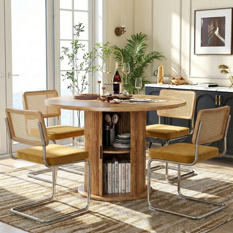 5-piece Round Pedestal Dining Set With Cane Back Cantilever Chairs, Yellow