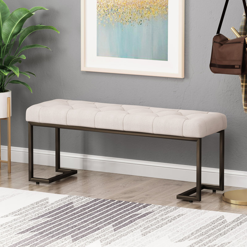 Banc rembourré à boutons, accessoire intérieur moderne, lignes droites et précises, structure ouverte, pieds à finition lisse, coutures en métal poli à losanges, structure en fer, 45,05 po, 15,5 po
