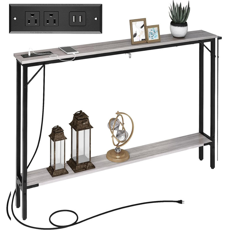 Sofa Table with Outlet and USB Port, 48" Console Behind Couch Table with Steel Frame,Grey
