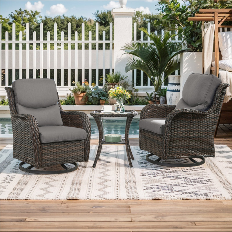 Chaises berçantes pivotantes d'extérieur en rotin avec coussins et table d'appoint Koba, Gris, Brun