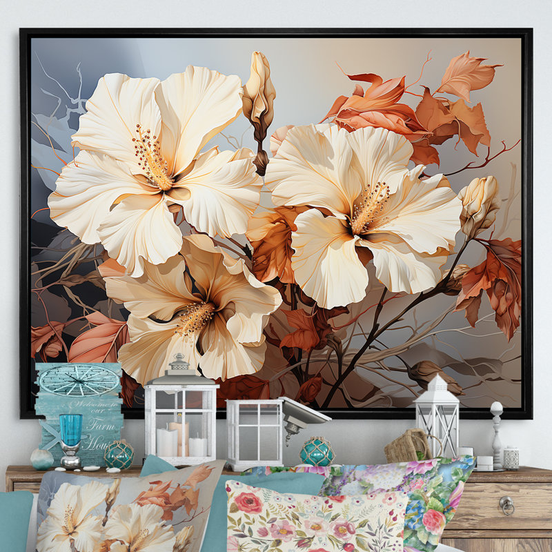 Fleurs d'hibiscus aux tons rétro évoquant la nostalgie, Cadre flottant noir, H 30 po x l 40 po x P 1,5 po