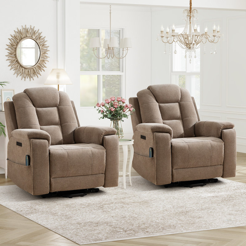 38.98" Wide Chenille Power Lift Assist Recliner With 8-Point Massage & Lumbar Heat USB/Type-C Ports & And Dual Hidden Cup Holders(Set Of 2)