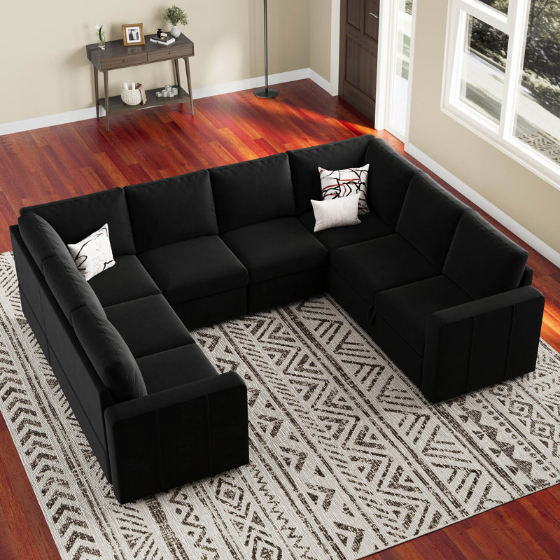 Seybert U Shaped Sofa Oversized Pullout Sofa Bed Modular Sectional Couch Convertible Sleeper, Black Velvet