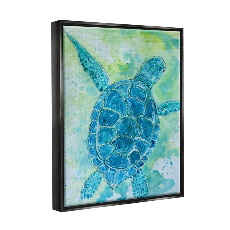 «Blue Sea Turtle Aquatic Bubbles» par Sebastian Grafmann - peinture à cadre flottant sur toile, H 31 po x l 25 po x P 1,7 po