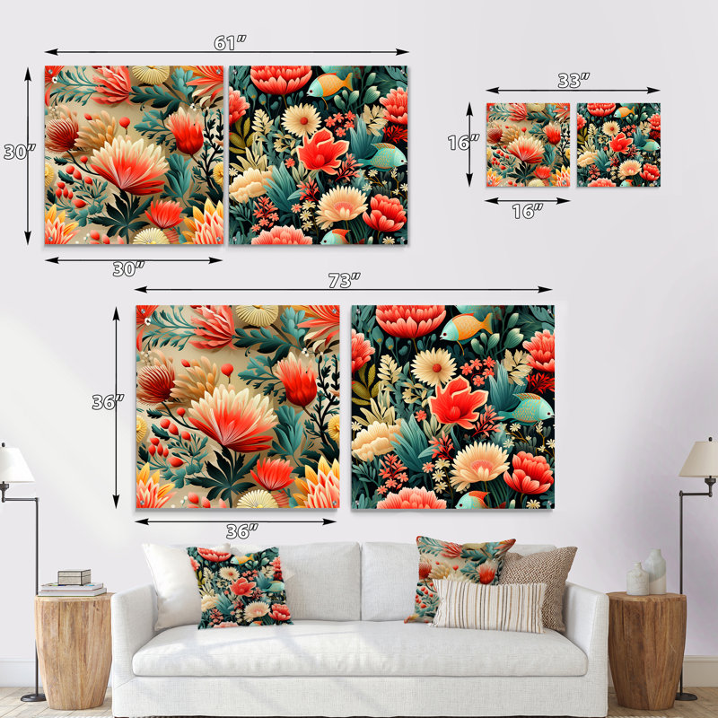 Coral Crêtes, motif tropical I - ensemble de 2 peintures murales en acrylique tropical bord de mer, H 16 po x l 33 po