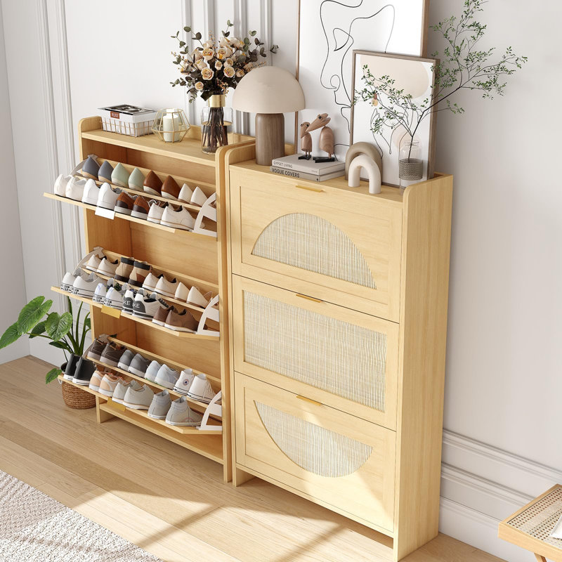 Armoire à chaussures demi-ronde en rotin 3 portes, armoire de rangement pour chaussures autoportante avec tablettes réglables