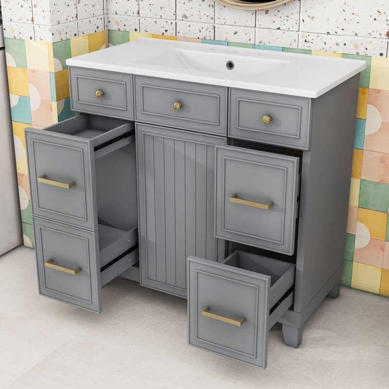 Meuble-lavabo en bois avec lavabo, tiroir de rangement, tablette et portes, Gris, Doré