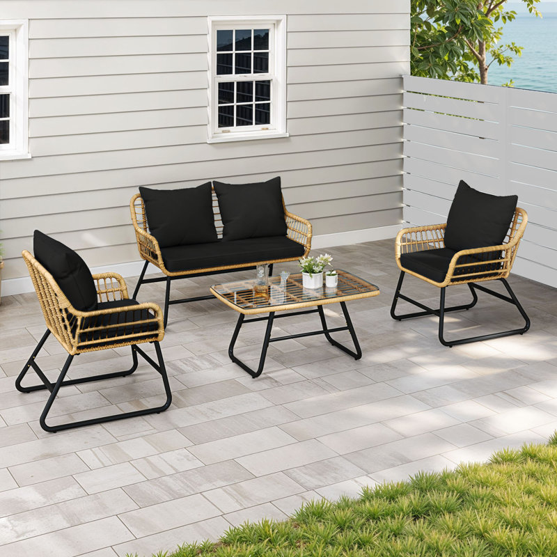 4PCS Rattan Patio Furniture Set - Black Bayou Breeze Outdoor Loveseat Sofa & Chairs Collection