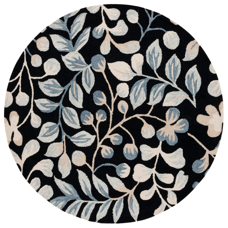 Tapis floral en coton touffeté à la main Jardin Ivoire / Noir, Rond 6 pi