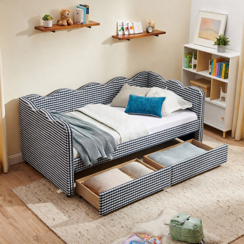 Twin Size Cozy Gingham Daybed with Two Storage Drawers, with USB Port and Adorable Wave Shaped, Linen Fabric, Navy