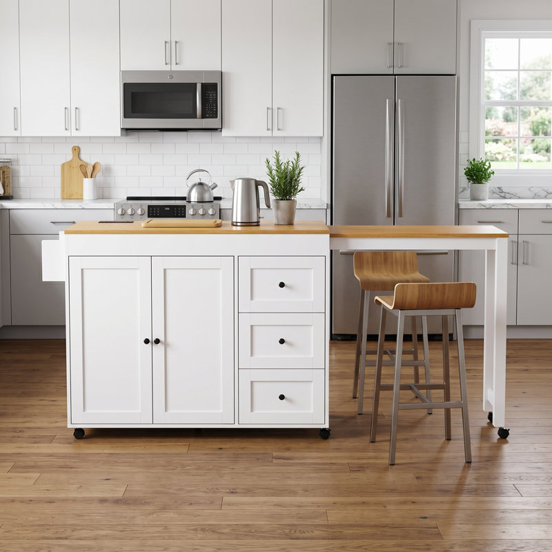 Kitchen Island Fits for Home with Extendable Dining Table, Built-in Charging Station, Adjustable Shelves & Spice Rack, White