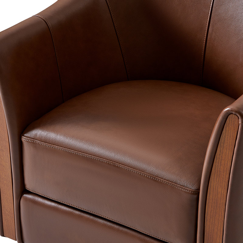 Fauteuil demi-tonneau pivotant en cuir véritable de 29 po Pocono avec base en bois massif Pocono, Brun