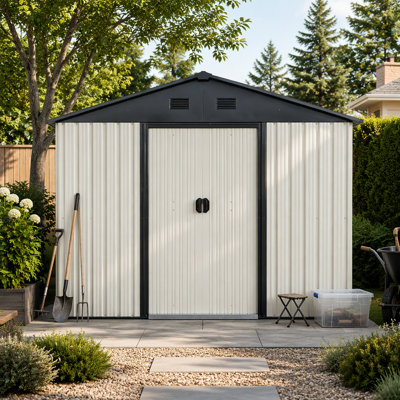 Remise de rangement extérieure en métal 8 pi x 4 pi avec porte coulissante et fondation pour cour, patio et pelouse - blanc et noir
