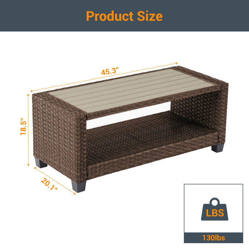 Calderin Rectangular Metal Outdoor Coffee Table , 20.25'' in. W 45.45'' in. D, Brown, Brown