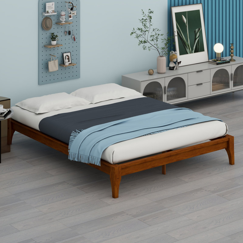 Base de lit plateforme en bois avec support en lattes de bois, Brun