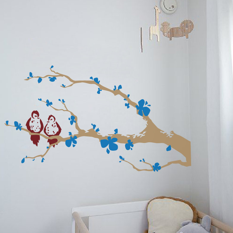 Décalcomanie murale branche arbre love oiseaux, Bleu / bourgogne, H 31 po x l 60 po x P 0,01 po