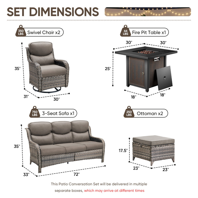 Anner 6-Piece Outdoor Wicker Patio Square Metal Fire Pit Table Conversation Set With Swivel Gliders And Ottomans, Gray, Gray