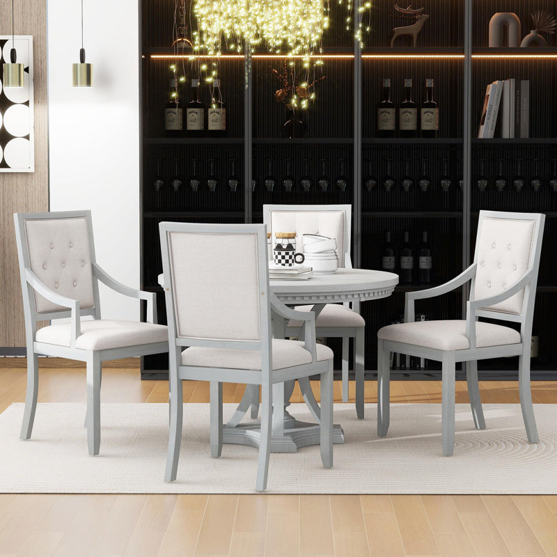 Retro 5-piece dining set extendable round table and 4 chairs,round table top with leaf,dining table set,dining room set Bowlds