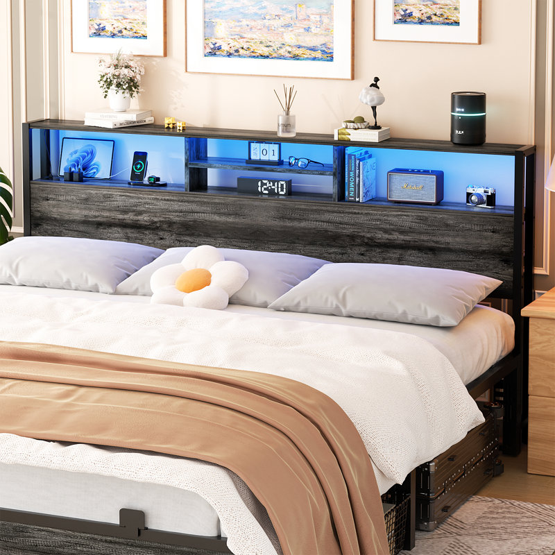 Tête de lit Lozandier avec rangement, prise de courant, ports USB et bande DEL, Très grand, Chêne noir