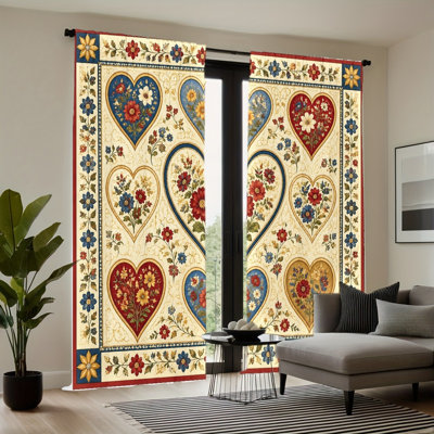 2PCS Vintage Heart Floral Pattern Thin Light Filtering Curtain with Romantic Scroll Border, Aesthetic Room Decor, Easy Hang Rod Pocket Design, All-Season Curtains for Home Living Bedroom Study Decoration