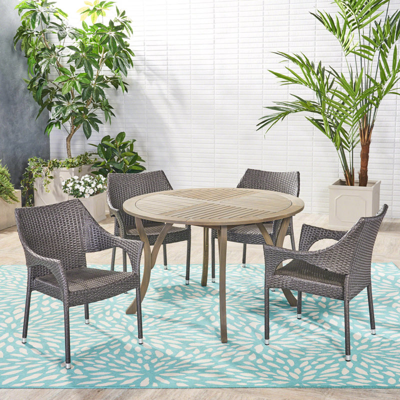 Angelin 4 - Person Acacia Wicker Patio Dining Set with Round Table