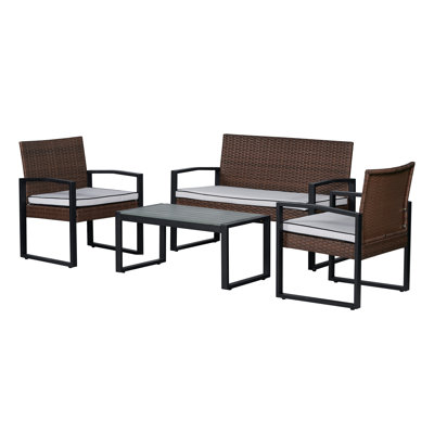 Elina Modern 4-Piece Brown PE Rattan Wicker Outdoor Patio Conversation Set with Cushions, Black Steel Frame & Grey Acacia Wood Table