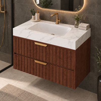 Meuble-lavabo mural de 76 cm (30 po) avec comptoir en pierre frittée et lavabo en céramique, meuble-lavabo flottant en contreplaqué avec 2 tiroirs à fermeture amortie et façades cannelées, brun noyer