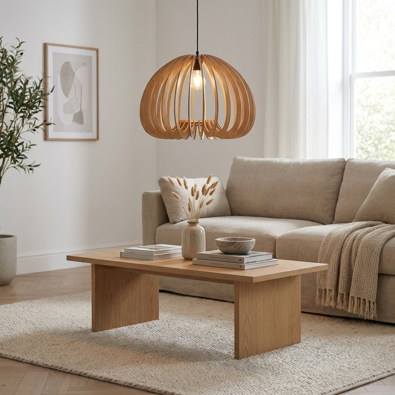 Luminaire suspendu scandinave en bois, plafonnier suspendu en MDF naturel de 17,7 po avec hauteur réglable et base E26, lustre nordique rustique moderne pour salle à manger, îlot de cuisine et chambre à coucher